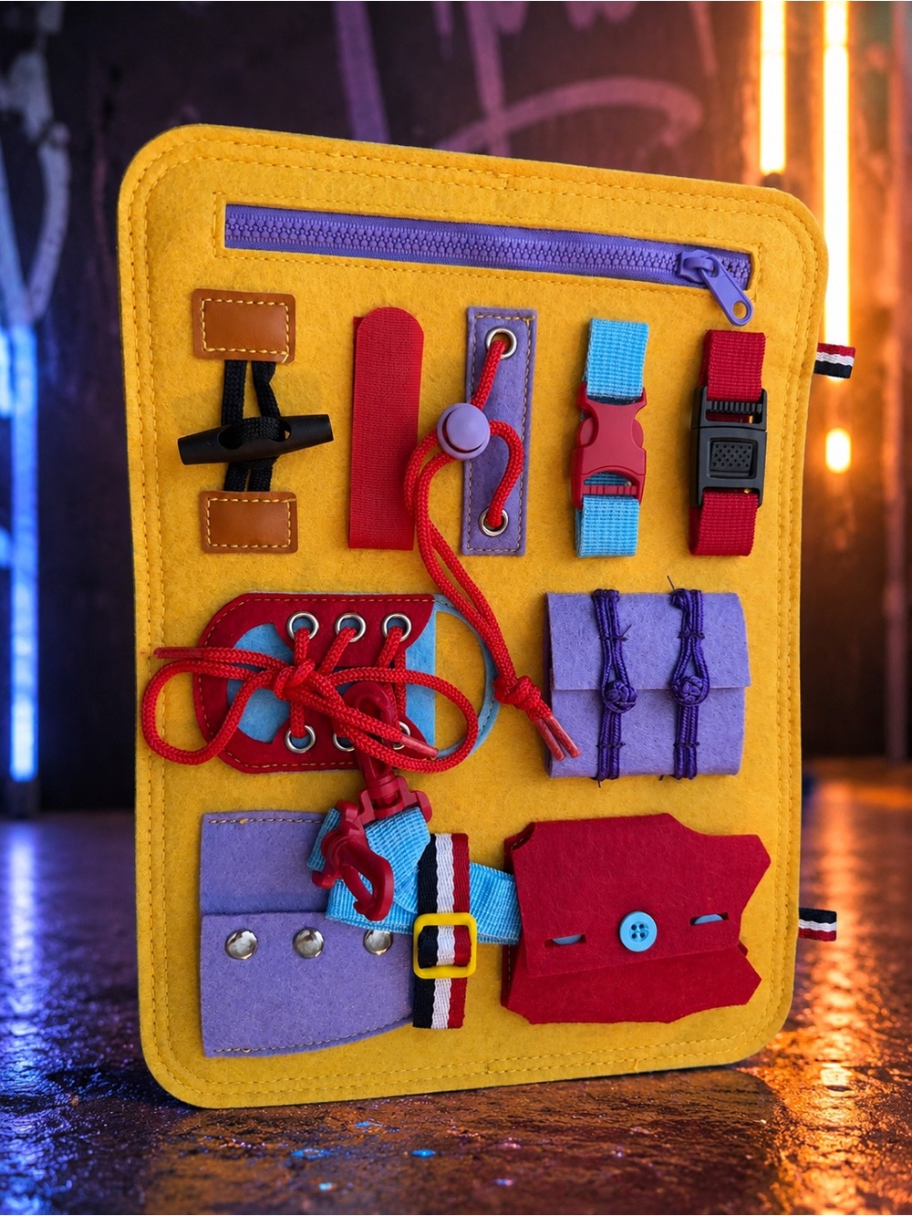 Kids Activity Learning Small Board – Yellow Busy Board with Multicolor Fasteners